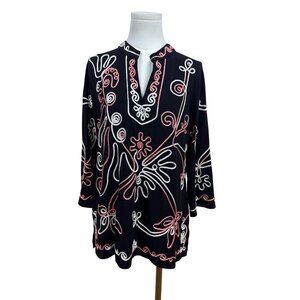 Once Again Womens Black Embroidered Top Boho Style Comfortable